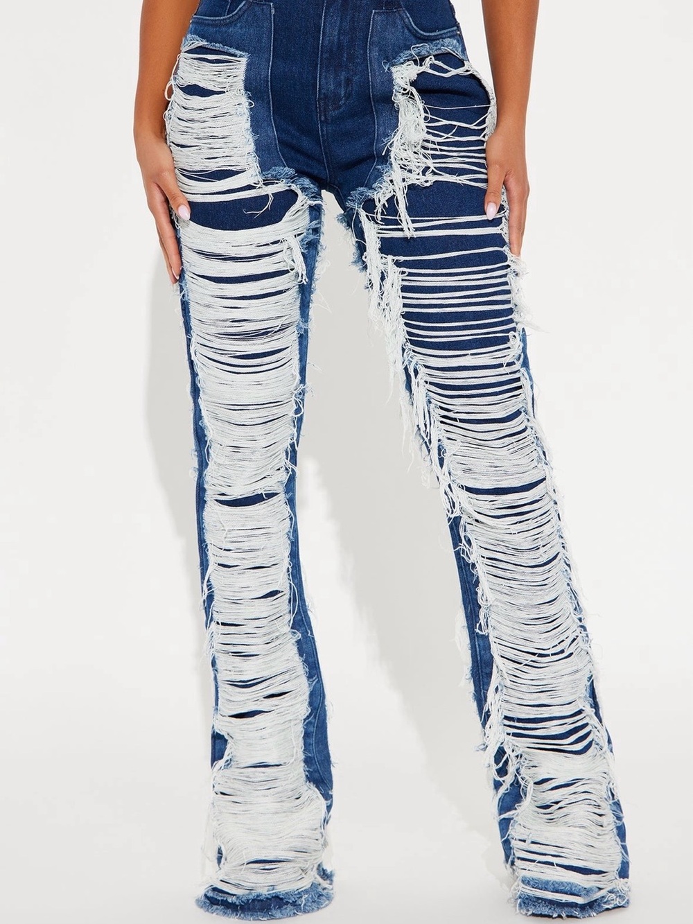 Fashion Nova Distressed Dark Blue Flare Jeans - Picture 2 of 6